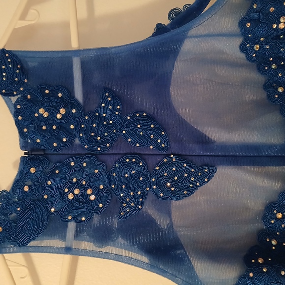 Anny Lee Blue Sequined Lace Wedding Prom Cocktail Evening Gown Dress Small - Picture 10 of 15